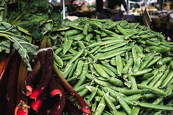 Fresh Green Peas and Rhubarb at Farmers Market