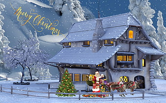 Santa Claus and Reindeers at Snowy Cabin with Christmas Tree