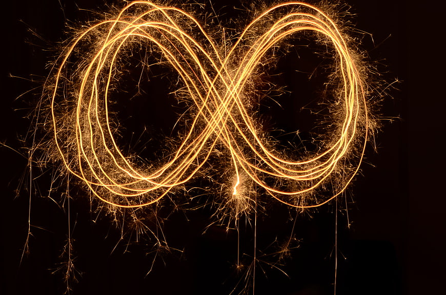 Golden Infinity Symbol Created With Sparkler Light Painting On Black Background