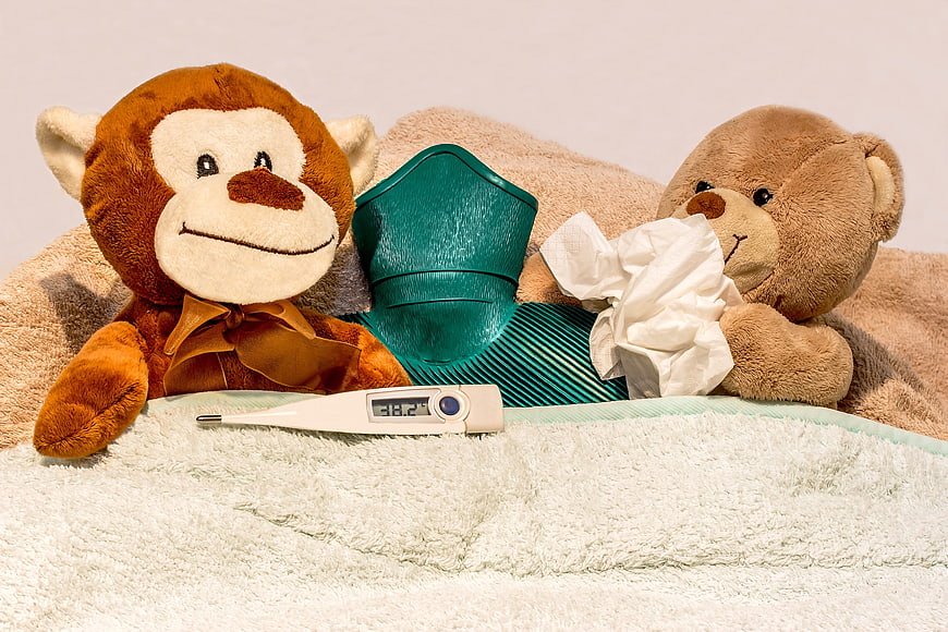 Sick teddy bears with thermometer and tissues in bed