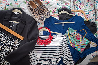 Fashion flat lay with leopard print shoes and striped top