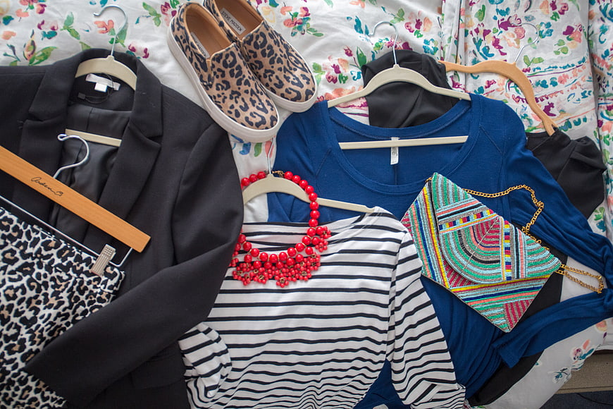Fashion flat lay with leopard print shoes and striped top