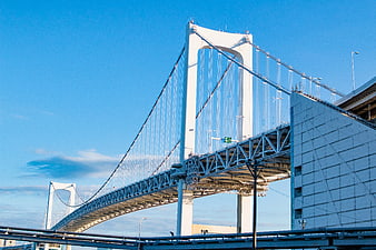 White suspension bridge tower against clear blue sky