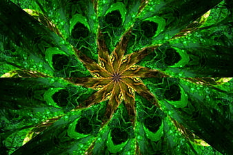 Abstract green kaleidoscope pattern with starburst design