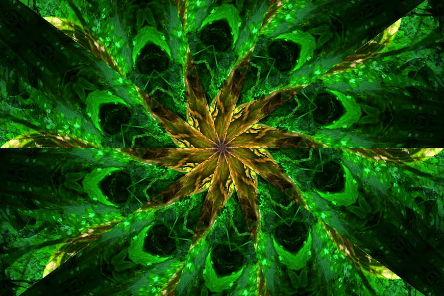 Abstract green kaleidoscope pattern with starburst design