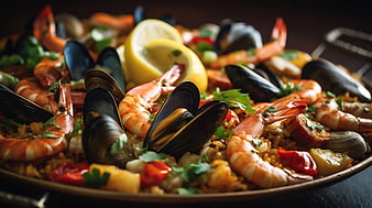 Close-up of Spanish seafood paella with shrimp and mussels