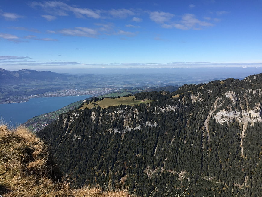 Panoramic view of Lake Thun and Swiss Alps from mountain ridge