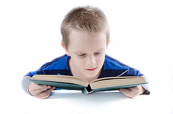 Young boy reading a book on white background