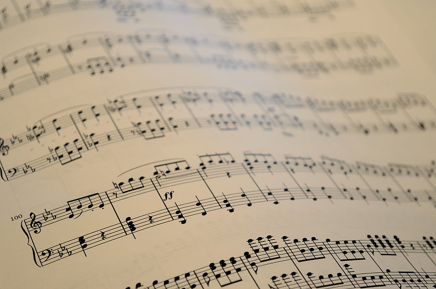 Close-up of classical piano sheet music with musical notes