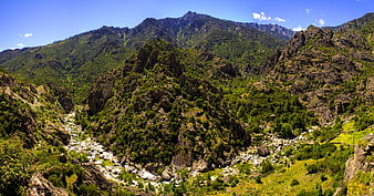 Panoramic View of Rocky Mountain Valley with River in Corsica