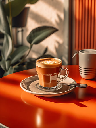 Latte art coffee cup on vibrant orange table with sunlight