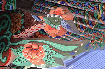 Traditional Korean Temple Roof Ornament with Painted Phoenix