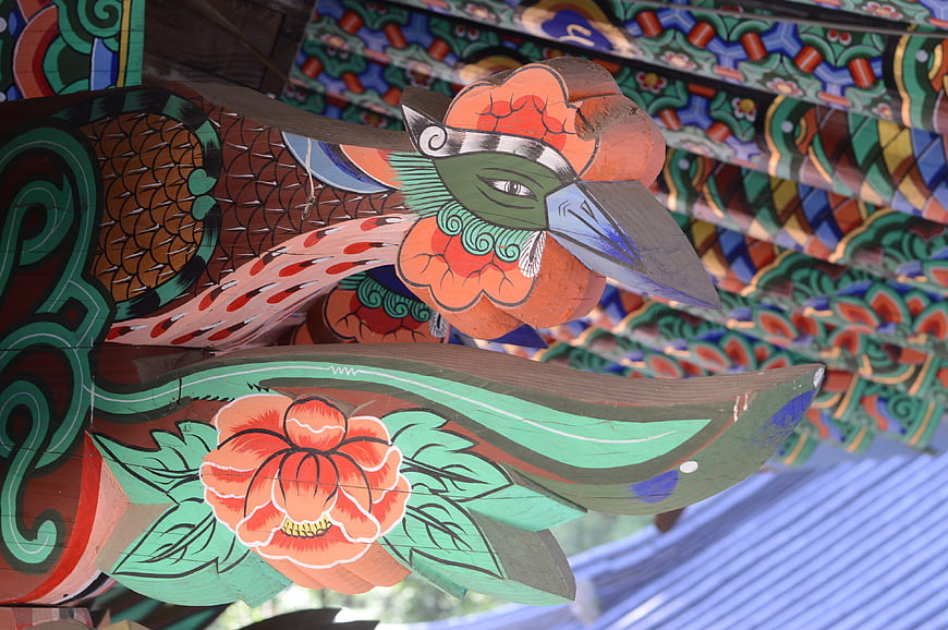 Traditional Korean Temple Roof Ornament with Painted Phoenix