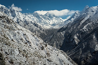 Majestic Snow-Covered Mountain Peaks in a Deep Valley