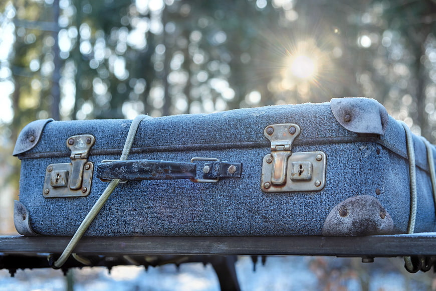 Vintage Frosty Blue Suitcase in Winter Forest Sunlight
