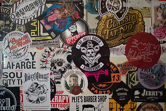 Collage of vintage barber shop and tattoo stickers