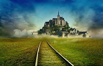 Fantasy Railroad Tracks Leading to Mont Saint-Michel in Misty Landscape
