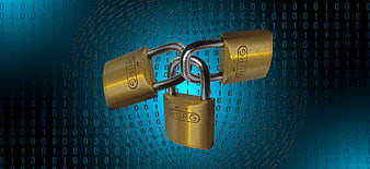 Three Brass Padlocks Interlocked Against Binary Code Background