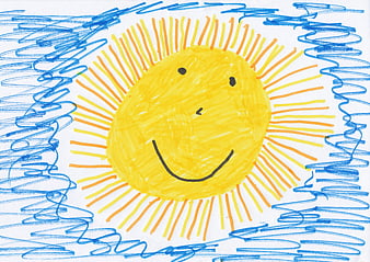 Child's drawing of a smiling sun with blue scribbles