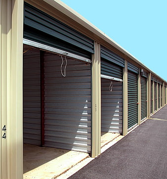 Row of Self-Storage Units with Metal Roll-Up Doors