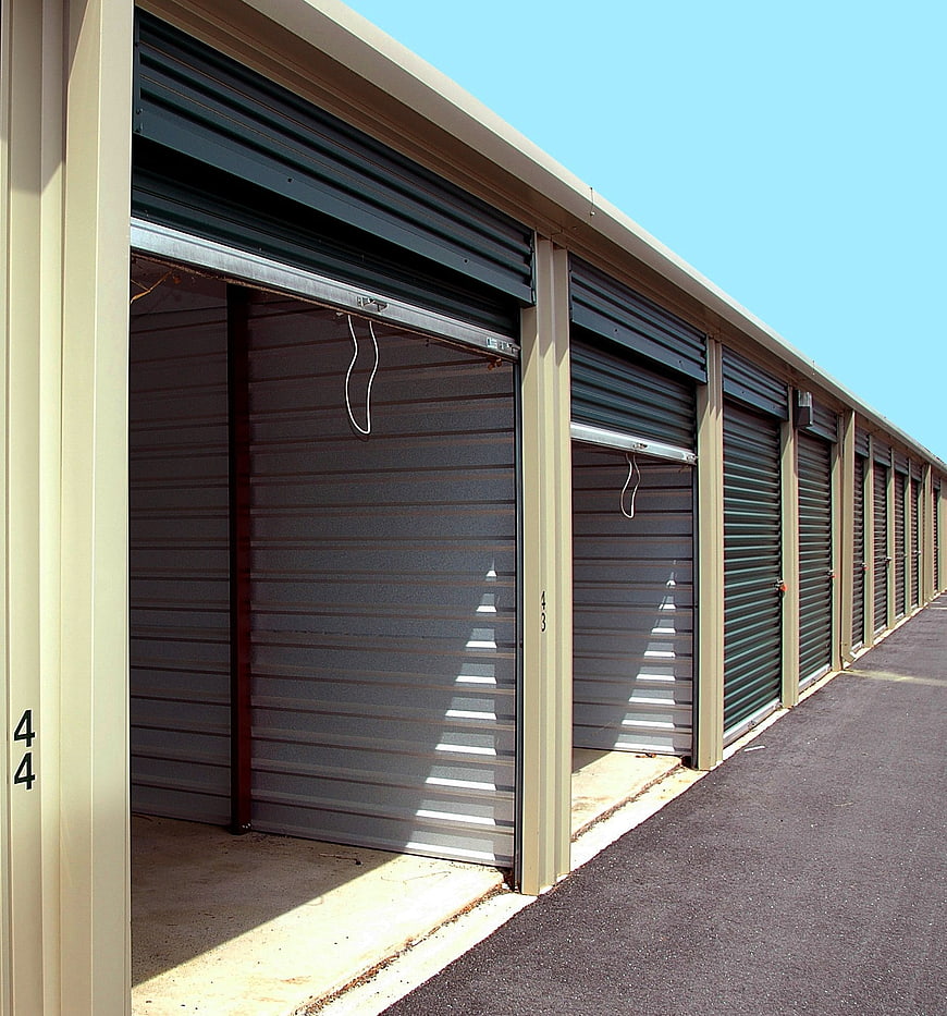 Row of Self-Storage Units with Metal Roll-Up Doors