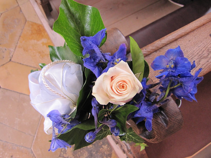 Wedding Boutonniere with Blue Delphinium and Peach Rose
