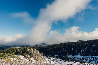 Snowy Mountain Ridge with Pine Forest and Clouds