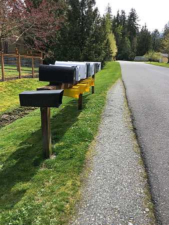 Row of rural mailboxes along a country road