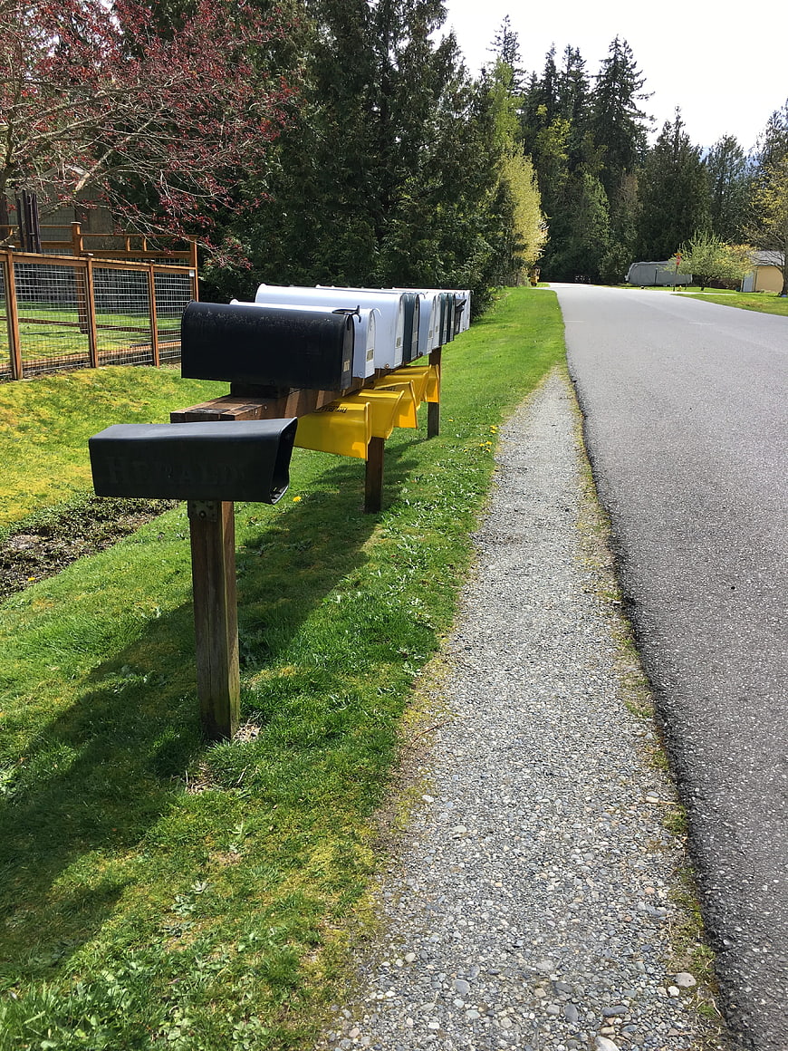 Row of rural mailboxes along a country road