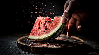 Juicy Watermelon Slice Splash on Dark Wooden Board