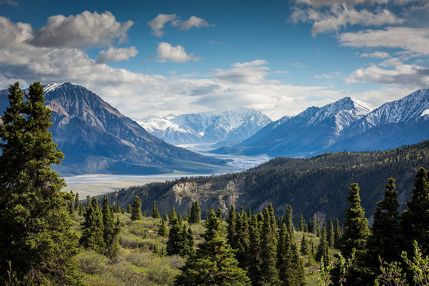 Majestic Mountain Valley with Snow-Capped Peaks and Forest