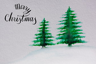 Watercolor Christmas Trees With Merry Christmas Hand Lettering