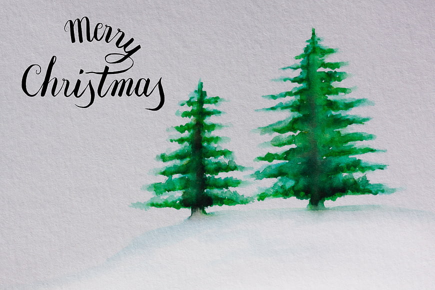 Watercolor Christmas Trees With Merry Christmas Hand Lettering