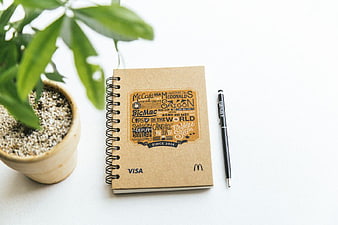 Flat lay of rustic notebook, pen, and potted plant on white