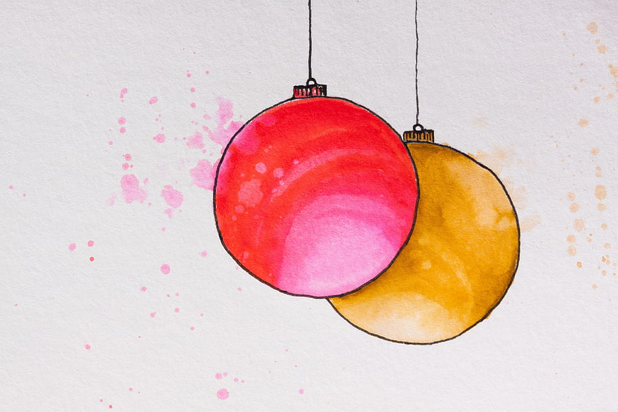 Watercolor Christmas Ornaments Red and Gold