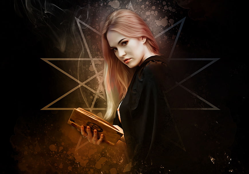 Mysterious blonde woman holding grimoire with pentagram background