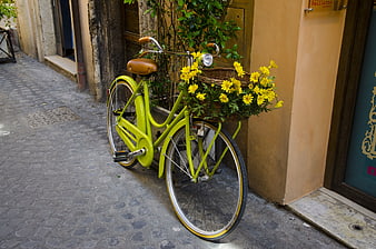 Lime green bicycle with yellow flowers in basket on cobblestone street