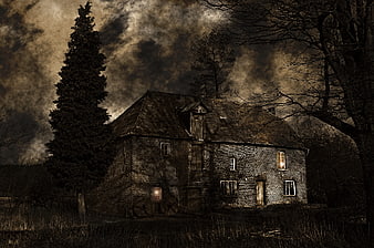 Dilapidated Brick House Under Dramatic Stormy Sky