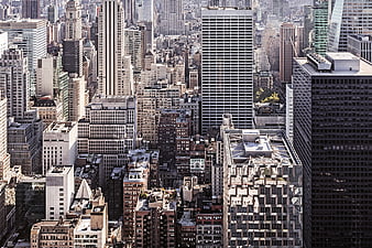 Aerial view of dense Manhattan skyscrapers and urban architecture