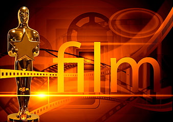 Golden film award trophy with movie reel background