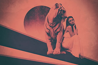 Woman in white dress sitting with white tiger on geometric background