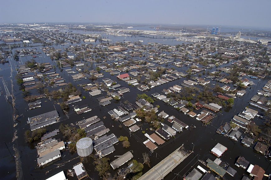 Aerial view of flooded New Orleans neighborhood after Hurricane Katrina