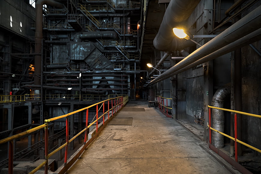 Industrial Factory Interior With Walkway And Machinery