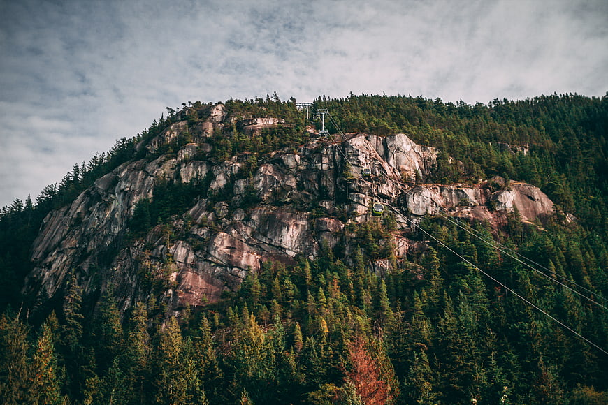 Cable cars ascending a rocky mountain peak through pine forest