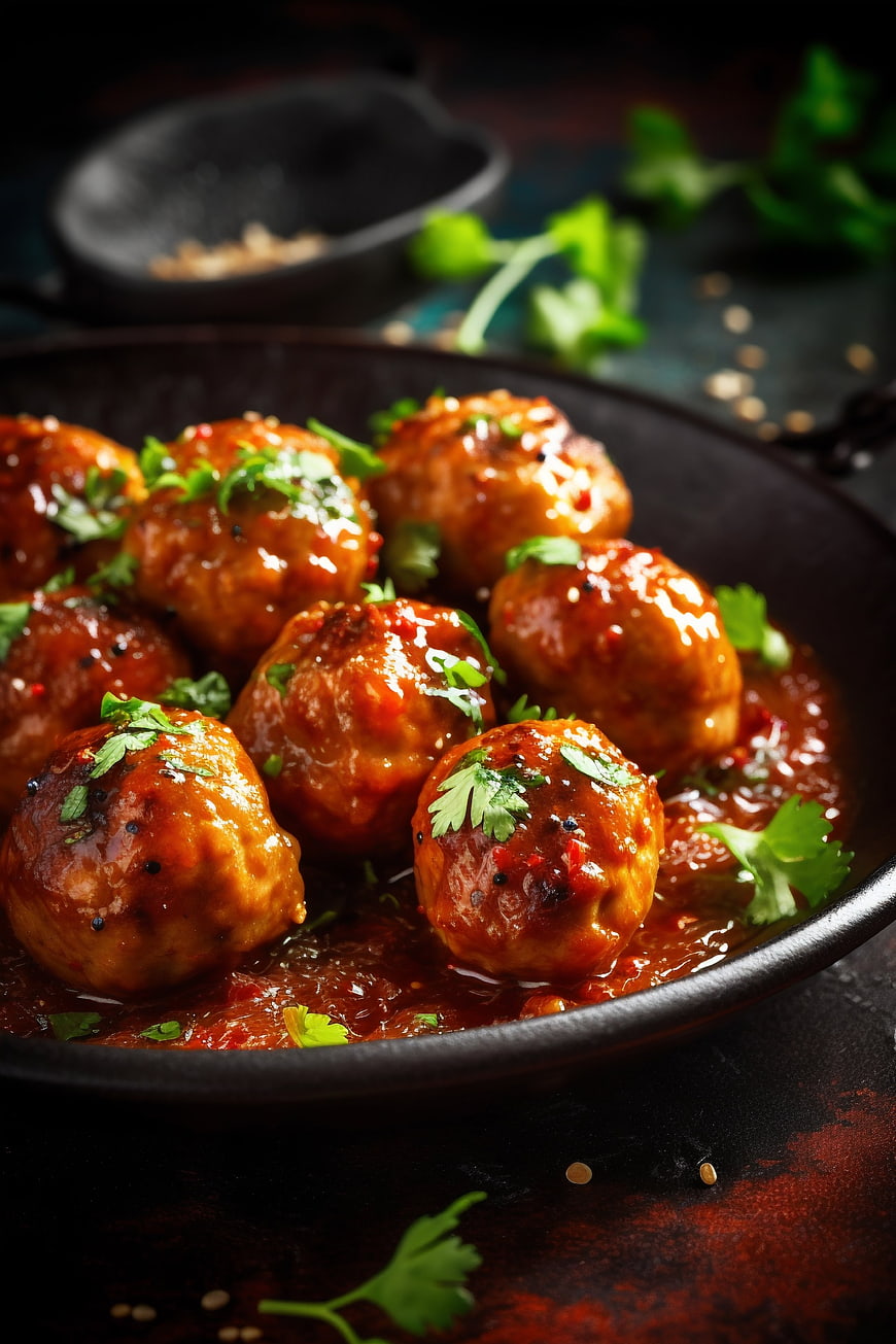 Glossy spicy meatballs in dark pan with fresh herbs