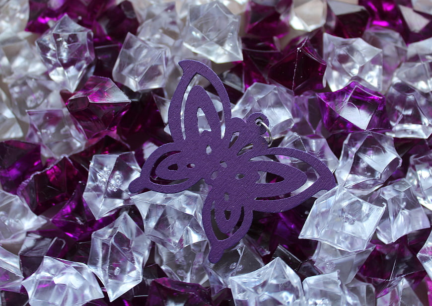 Purple butterfly charm on clear and violet glass gems
