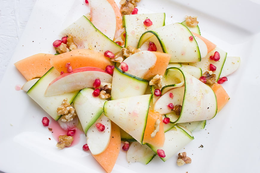 Fresh Melon and Zucchini Salad with Walnuts and Pomegranate