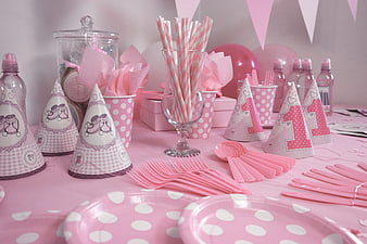 Pink First Birthday Party Table Setting With Polka Dot Decor