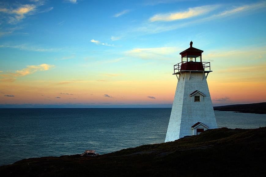 White Lighthouse on Coastal Cliff at Sunset
