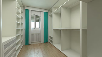 Modern Empty Walk-in Closet with White Shelving and Teal Curtains